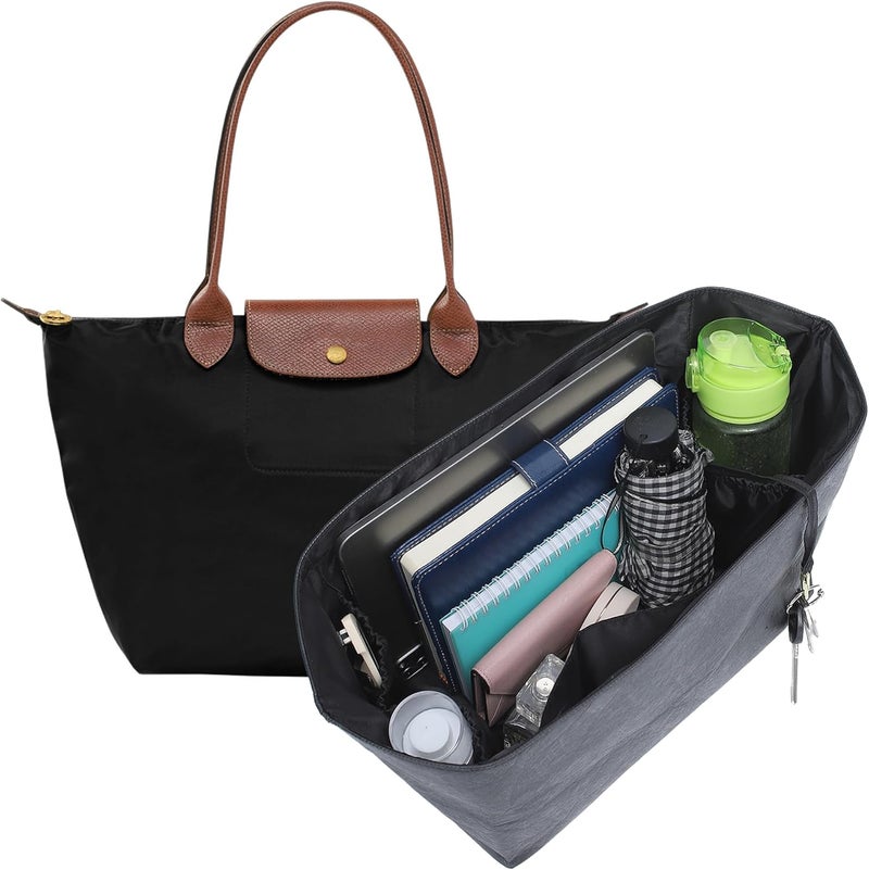Doxo Purse Organizer Insert for Longchamp Le Pliage Large, 6-Compartment Bag Organizer with YKK Zipper Pocket, Cup Holder, Key Chain, Waterproof DupontPaper Lightweight Handbag Shaper (Black,L) - Image 1