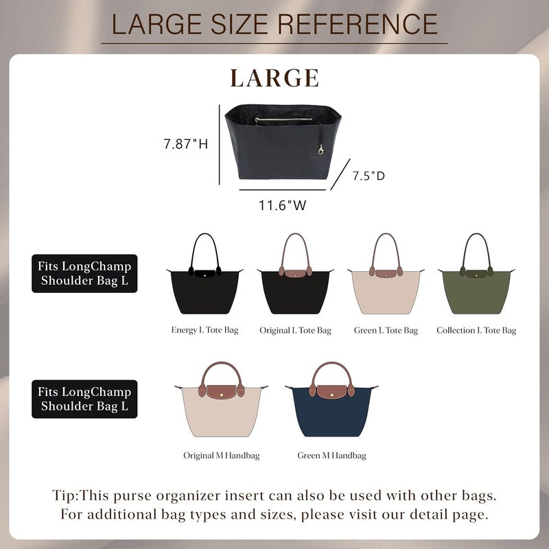 Doxo Purse Organizer Insert for Longchamp Le Pliage Large, 6-Compartment Bag Organizer with YKK Zipper Pocket, Cup Holder, Key Chain, Waterproof DupontPaper Lightweight Handbag Shaper (Black,L) - Image 2