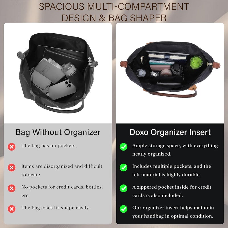 Doxo Purse Organizer Insert for Longchamp Le Pliage Large, 6-Compartment Bag Organizer with YKK Zipper Pocket, Cup Holder, Key Chain, Waterproof DupontPaper Lightweight Handbag Shaper (Black,L) - Image 5