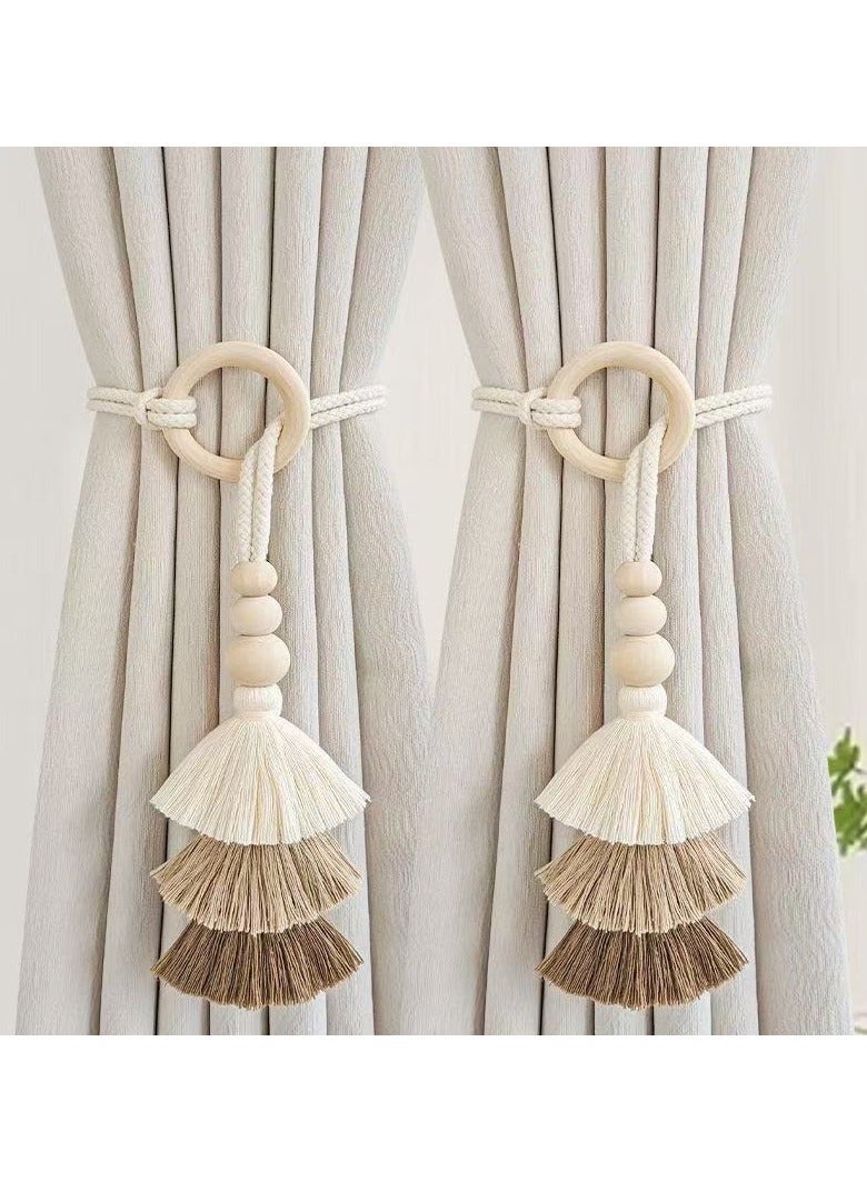 2pcs Wooden Bead Curtain Tiebacks, Hand Woven Rope Curtain Holdbacks with Wooden Ring, No Hole Punching Bohemian Curtain Clasp Decorative for Bedroom Window - Image 1