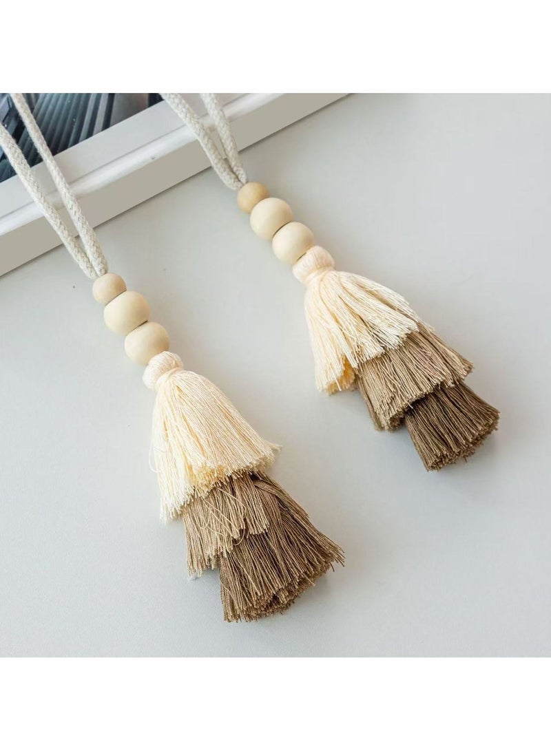 2pcs Wooden Bead Curtain Tiebacks, Hand Woven Rope Curtain Holdbacks with Wooden Ring, No Hole Punching Bohemian Curtain Clasp Decorative for Bedroom Window - Image 2
