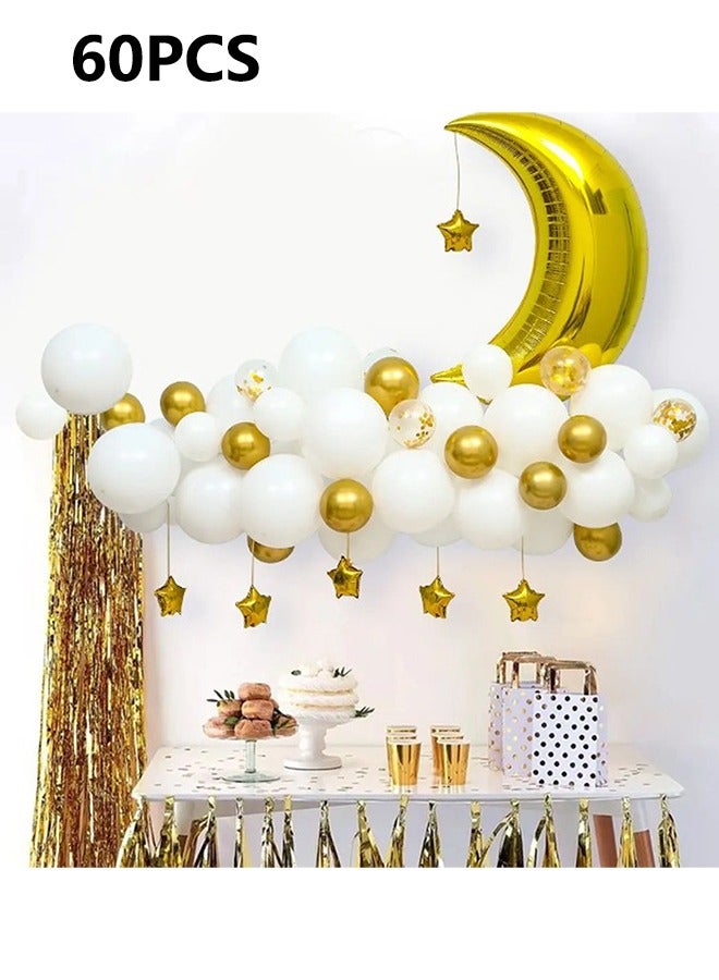 60Pcs Ramadan Mubarak Balloon Kit, White Gold Balloons with Gold Confetti Latex Balloons Moon Star Foil Balloons for Wedding, Birthday Party ，Baby Shower Eid Mubarak Decorations Supplies - Image 1