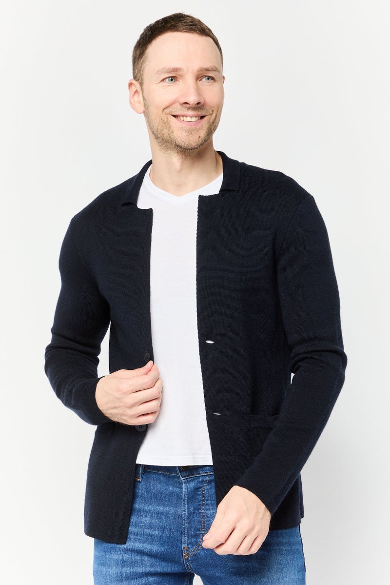 EMPORIO ARMANI Men Regular Fit Textured Cardigan, Dark Navy  - Image 1