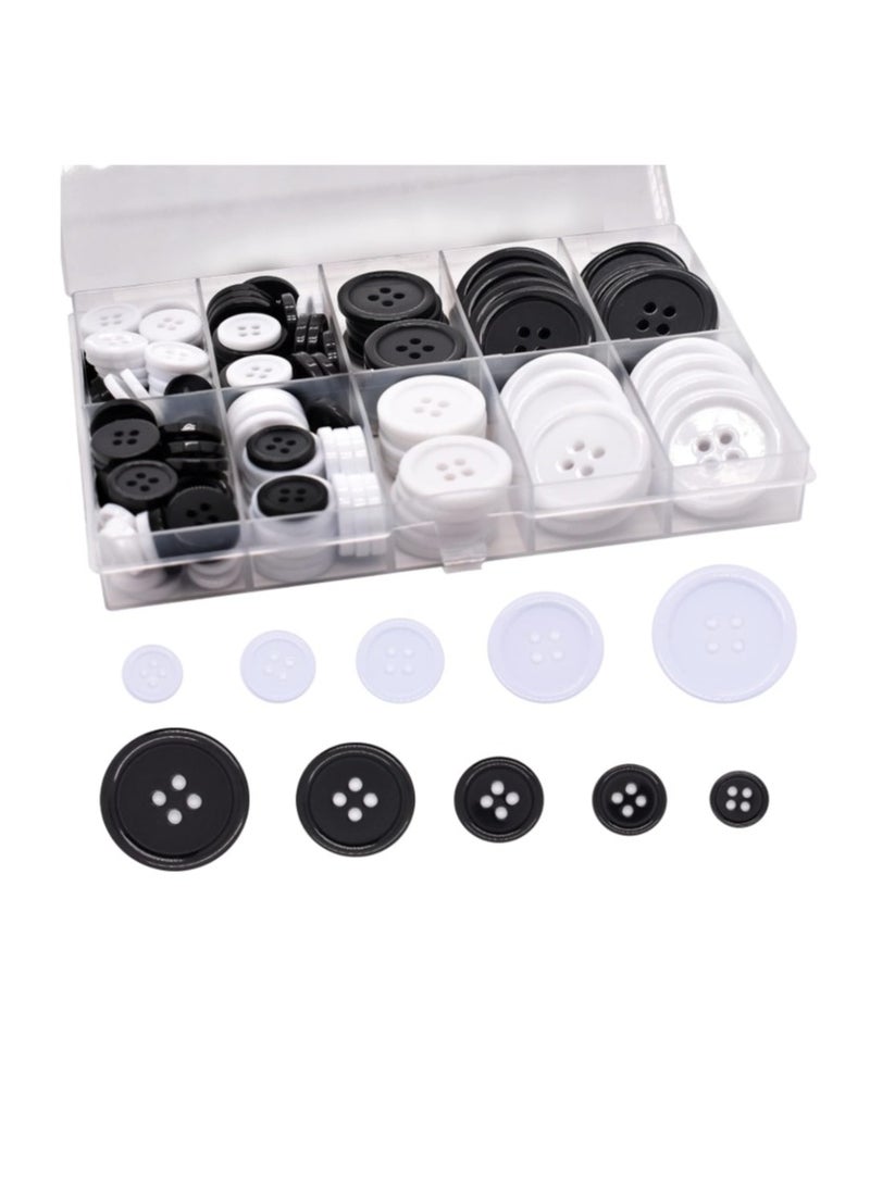 OASIS-TH Mixed Sewing Buttons 100Pcs Round Black White  4-Hole Craft Buttons 5 Sizes White Black Resin Button with Separate Compartment Storage Box Suitable for Sewing DIY Craft Projects - Image 1