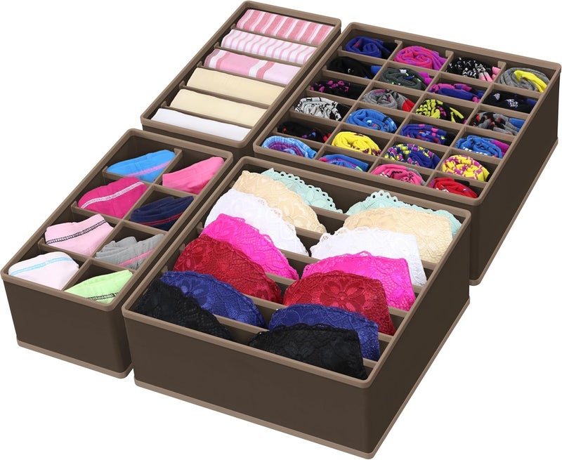 Simple Houseware Multi-use detailed build 4-Pack Drawer Organizer Set - Closet Dividers for Underwear, Socks, Bras, Scarves, Ties - Foldable Non-Woven Storage Boxes, Brown Easy assemble alternatives - Image 1