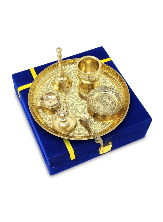 BENGALEN Brass Pooja Thali Set with Blue Gift Box 8 Inch Pital Puja Thali Dhup Dan Kalash Palli Ghanti Kangura Plate Kuber Diya for Diwali Home Mandir Office Wedding Return Gifts Items - Image 5