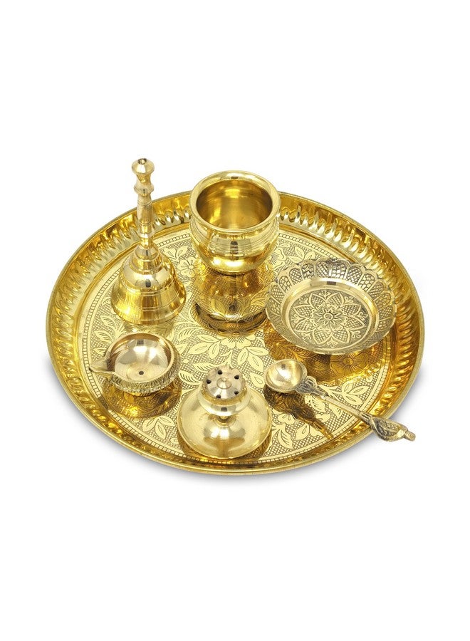 BENGALEN Brass Pooja Thali Set with Blue Gift Box 8 Inch Pital Puja Thali Dhup Dan Kalash Palli Ghanti Kangura Plate Kuber Diya for Diwali Home Mandir Office Wedding Return Gifts Items - Image 4
