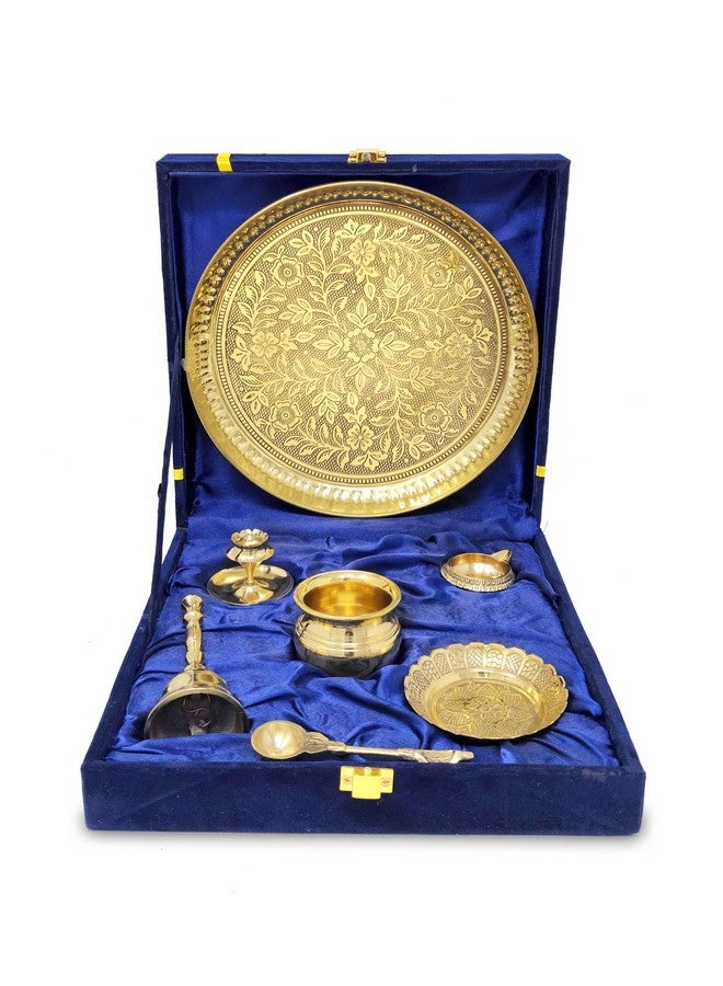 BENGALEN Brass Pooja Thali Set with Blue Gift Box 8 Inch Pital Puja Thali Dhup Dan Kalash Palli Ghanti Kangura Plate Kuber Diya for Diwali Home Mandir Office Wedding Return Gifts Items - Image 1