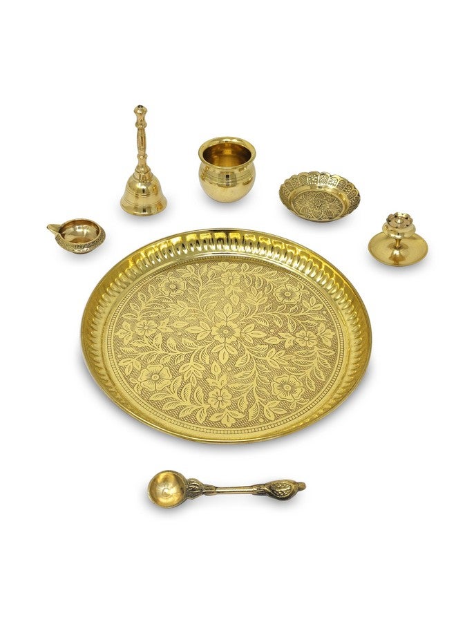 BENGALEN Brass Pooja Thali Set with Blue Gift Box 8 Inch Pital Puja Thali Dhup Dan Kalash Palli Ghanti Kangura Plate Kuber Diya for Diwali Home Mandir Office Wedding Return Gifts Items - Image 3
