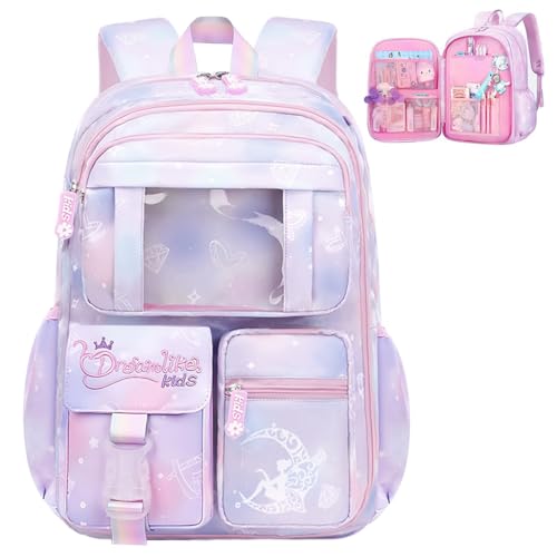 ClimbertyÂ® School Bags for Girls Kids 7-12 Years Old Cute Cartoon School Bag Durable Burden Relief Backpack Bag Waterproof School Bag Children's Day Christmas Birthday Gift for Kids, Girls - Purple - Image 1