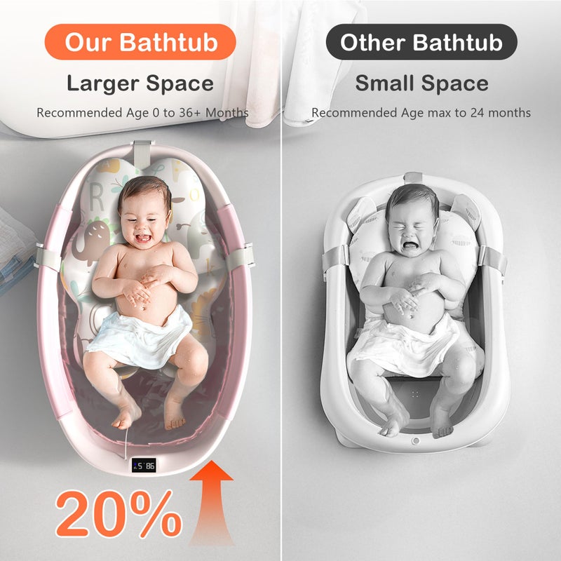 Spluvvly Collapsible Baby Bathtub - Large Baby Bath Tub with Thermometer & Cushion | Travel Portable Newborn Infant Bathtub | Foldable Toddler Bathtub for Baby 0 to 36 Months (Pink) - Image 2