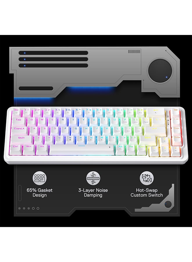 ريدراجون لوحة مفاتيح الألعاب K709 RGB سلكية بنسبة 65%، 68 مفتاحًا قابلاً للتبديل، لوحة مفاتيح ميكانيكية مدمجة مع مقبس مجاني، 3 طبقات لتقليل الضوضاء ومفاتيح سهم مخصصة، مفتاح خطي مخصص هادئ - أبيض - Image 2