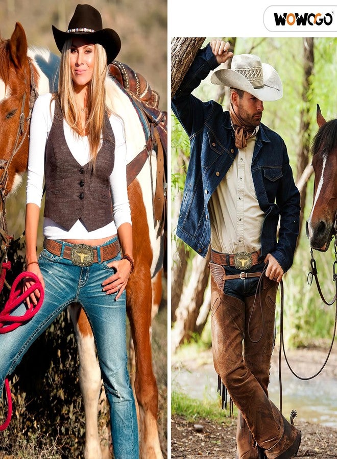 WOWOGO Western Belts for Men Women Genuine Leather Cowboy Cowgirl Belt Longhorn Bull Buckle Floral Embossed Belt - Image 3