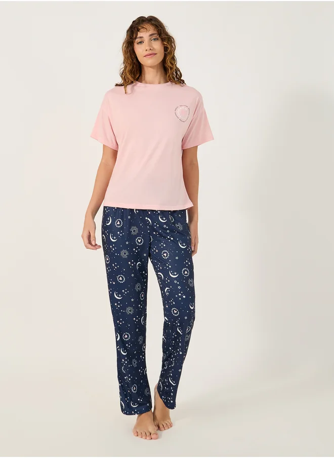 Styli Graphic Print Round Neck T-Shirt and Pyjama Set