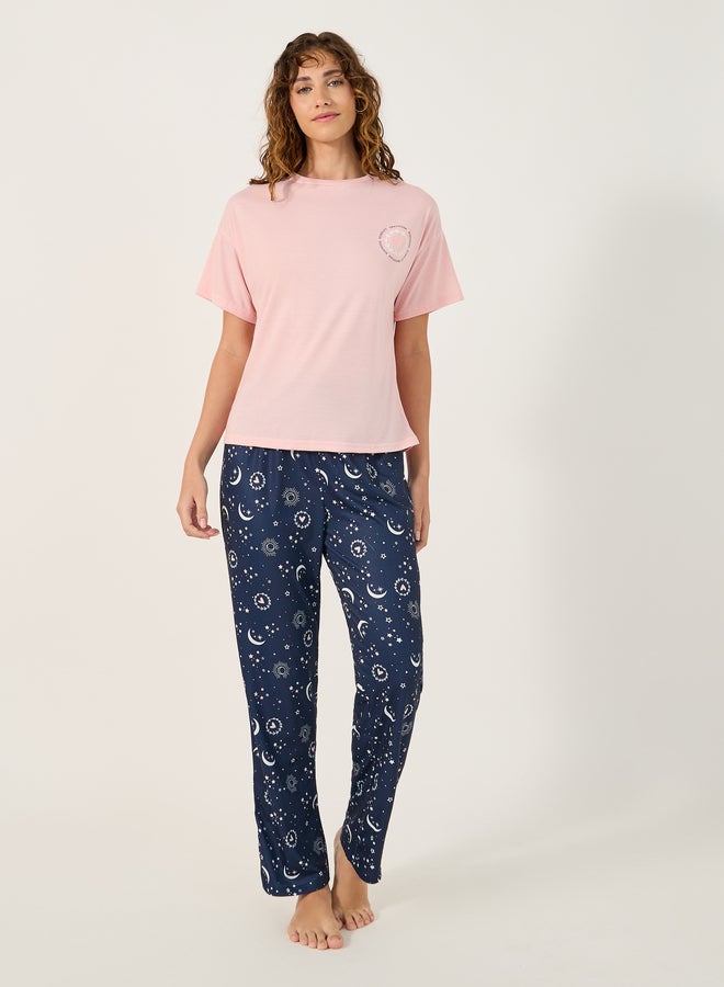 Styli Graphic Print Round Neck T-Shirt and Pyjama Set  - Image 1