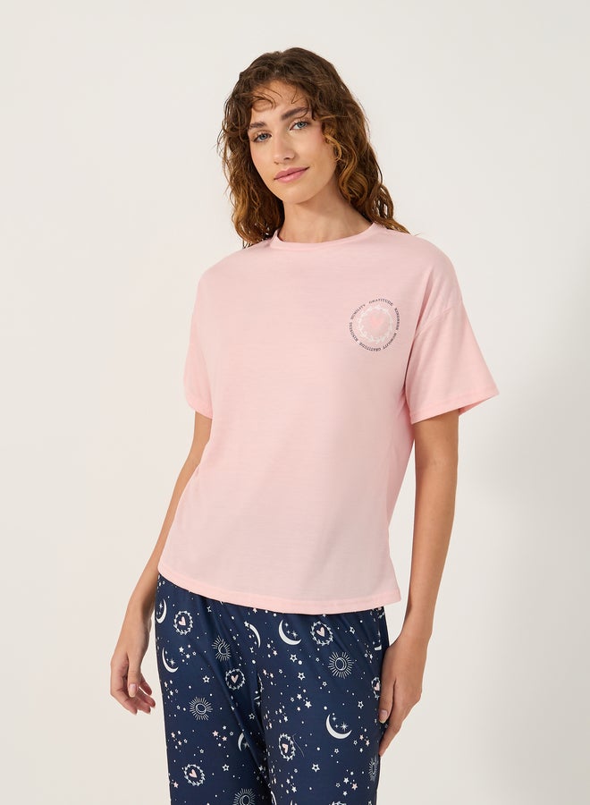 Styli Graphic Print Round Neck T-Shirt and Pyjama Set  - Image 3