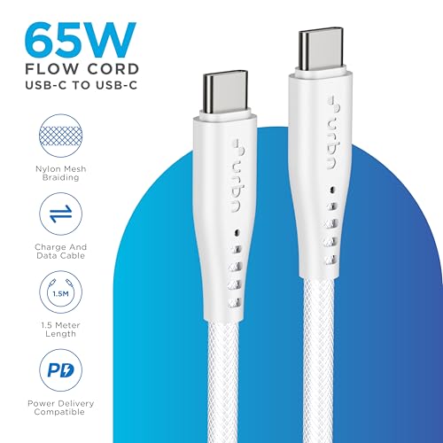 URBN Flow Cord 65W Super Fast Charging Cable | Type C to C | Supports Apple Car Play & Android Auto| Super Fast Charging and Data Transfer | Nylon Mesh Braided 1.5 Meter | 6 Months Warranty (White) - Image 2