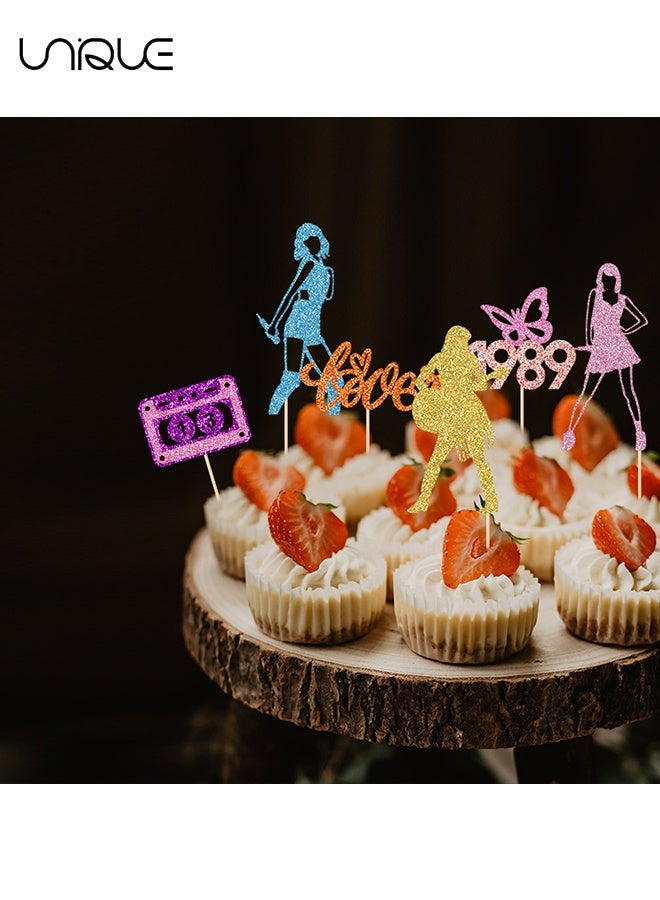 Unique 24 Pieces Music Themed Party Cake Decoration - Glitter Double Sided Graduation Cap Cake Decoration for Music Festivals Seaside Party Supplies - Taylor Swift Cake Decoration  - Image 4
