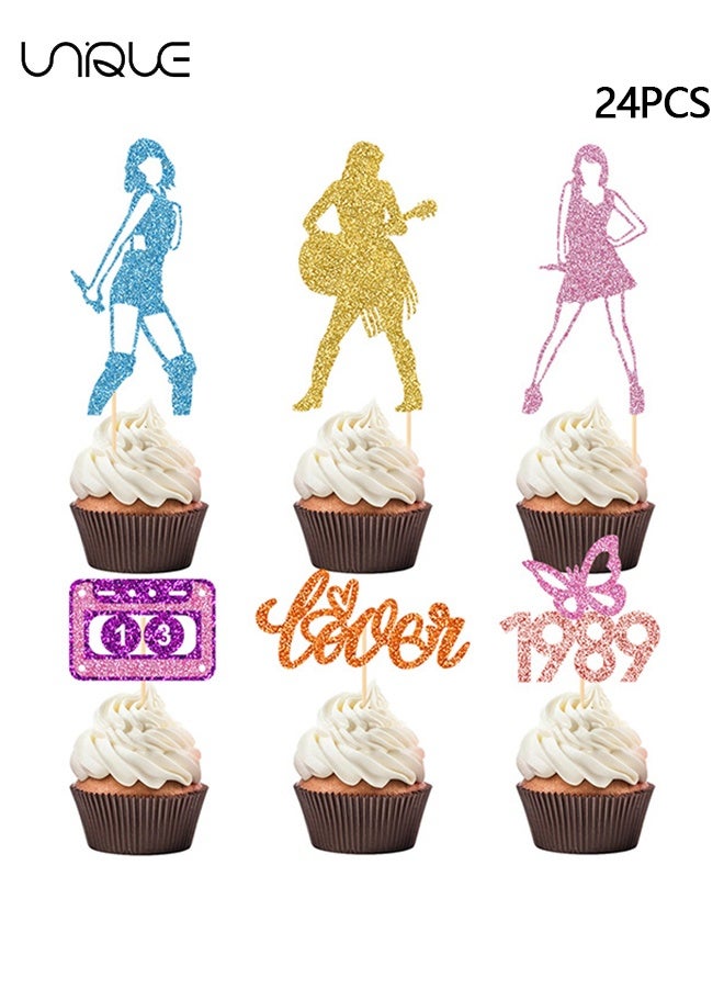 Unique 24 Pieces Music Themed Party Cake Decoration - Glitter Double Sided Graduation Cap Cake Decoration for Music Festivals Seaside Party Supplies - Taylor Swift Cake Decoration  - Image 1