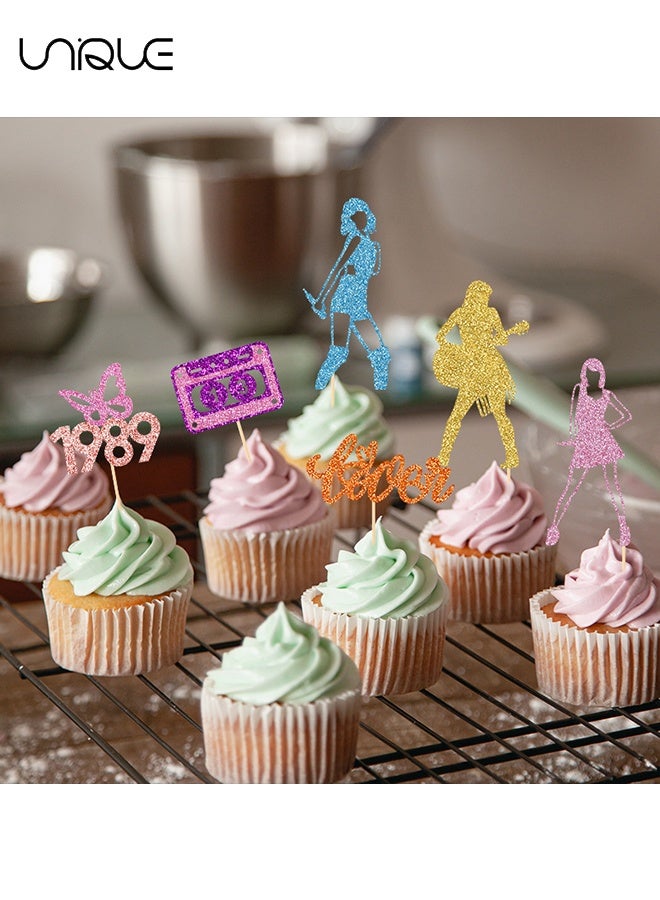 Unique 24 Pieces Music Themed Party Cake Decoration - Glitter Double Sided Graduation Cap Cake Decoration for Music Festivals Seaside Party Supplies - Taylor Swift Cake Decoration  - Image 5