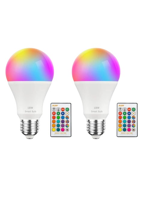 2Pcs RGBW Smart LED Light Bulb 24 Color Changing Bulb With Remote Control Smart Bulb With 16 Million Color Range E27-18W Bulb 50000 Hour Lifespan 2700K-6500K Color Temperature For Home Room Decoration