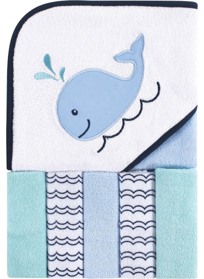 Luvable Friends Unisex Baby Hooded Towel with Five Washcloths, Cotton, Boy Whale, One Size - Image 1