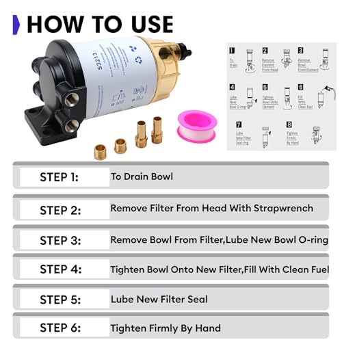 TRSCJXN S3213 Fuel Water Separator Marine Kit Compatible with Yamaha Mercury Marine Outboard Motor Mercury with 3/8" Barb x 1/4" NPT brass Fittings Replaces B32013, 35-60494-1, 18-7932-1, 18-17928, 35-809097 - Image 5