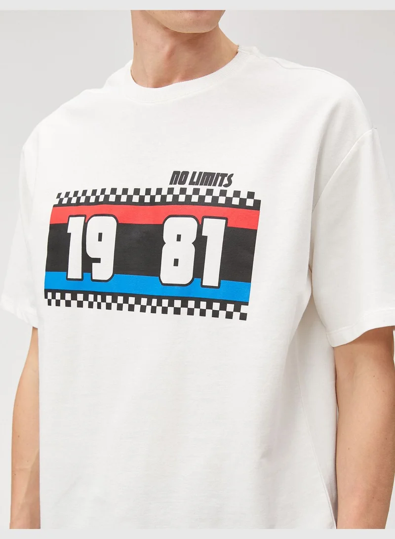 كوتون Oversized T-Shirt Race Themed Printed Crew Neck Short Sleeve
