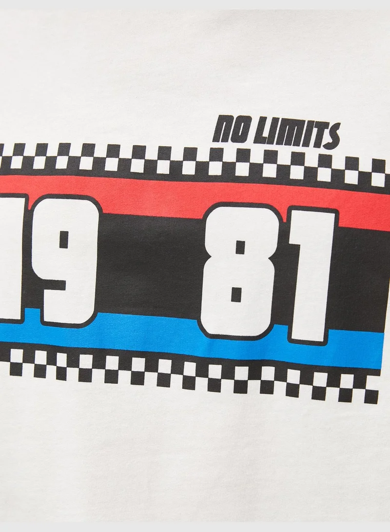 كوتون Oversized T-Shirt Race Themed Printed Crew Neck Short Sleeve
