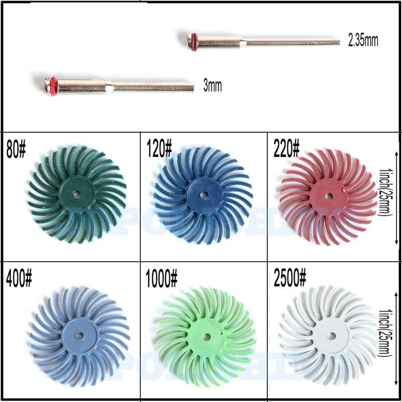 Radial Bristle Disc Set 6pcs 25mm & 2pcs Mandrels (2.35mm and 3mm) Abrasive Brush Gap Polishing Wheel Assortment (6 Mixed Grit 80/120/220/400/1000/2500) - Image 2