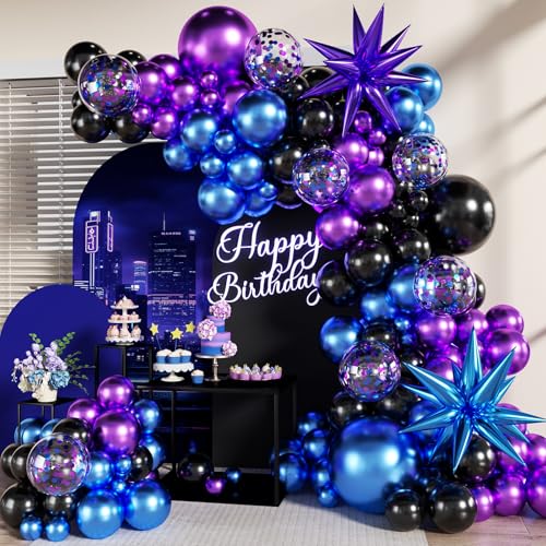 LANGASQUE Black Purple Blue Balloon Garland Arch Kit 140Pcs Metallic Blue Purple Teal Balloons Confetti Balloons with Stars for Fun Play Party Decorations Baby Shower Engagement Birthday Party Decorations - Image 1