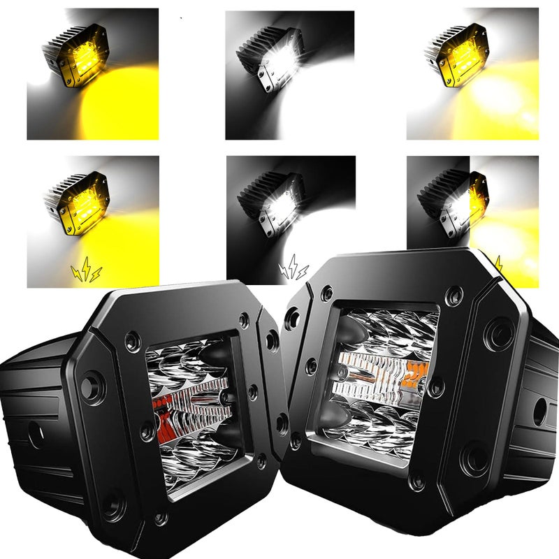 ASLONG 2PCS 5Inch LED Flush Mount Pods 6 Modes AmberWhite Flasing Strobe Fog Lights Offroad Backup Light Reverse Light Grill Mount Light with Switch Wiring Harness for Trucks Polaris Boats Pickup ATV