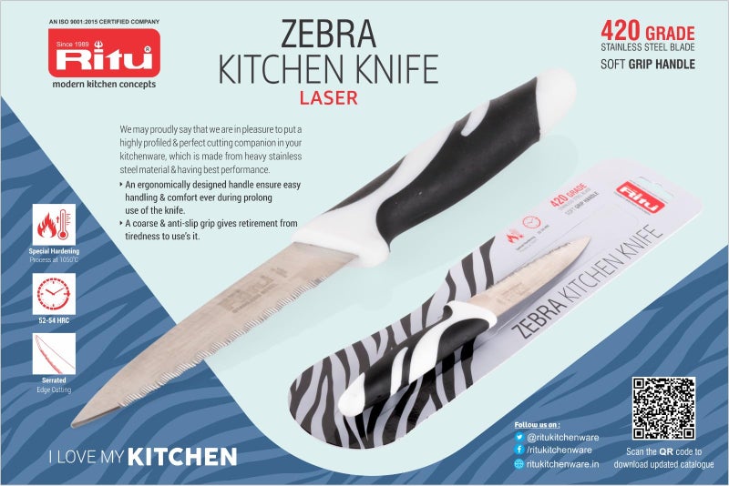 Ritu Stainless Steel Zebra Laser Blade Kitchen Knife | 8 Inch Plain Blade | Ergonomic Soft Grip Handle | Multipurpose Knife for Carving, Chopping & Peeling | Ideal for Home & Professional Use - Image 3