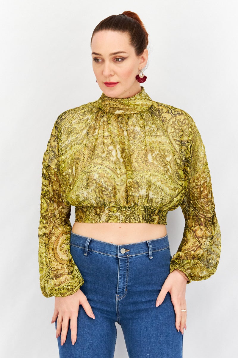 Asos Design Women High Neck Long Sleeve Paisley Printed Blouse, Olive Green - Image 1