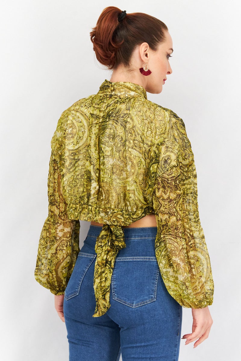 Asos Design Women High Neck Long Sleeve Paisley Printed Blouse, Olive Green - Image 3