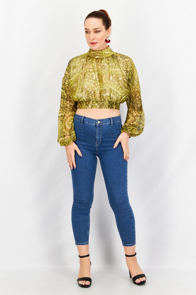 Asos Design Women High Neck Long Sleeve Paisley Printed Blouse, Olive Green - Image 2