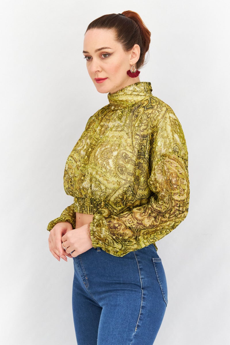 Asos Design Women High Neck Long Sleeve Paisley Printed Blouse, Olive Green - Image 4