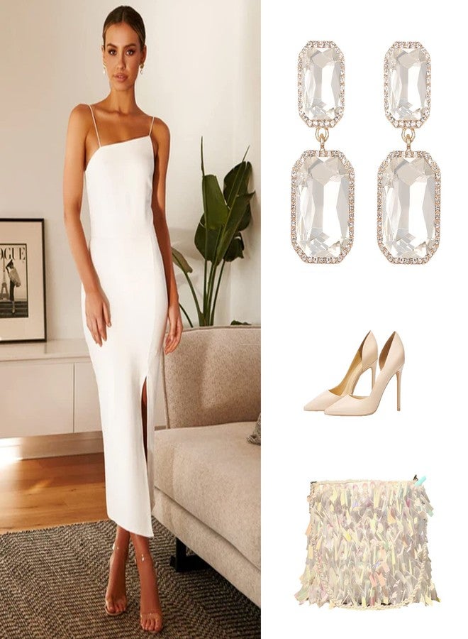 VANGETIMI Vintage Rhinestone Statement Earrings Fancy Big Crystal Rectangle Drop Dangle Earrings Evening Prom Pageant Jewelry Earrings for Women, Glass Alloy Steel, Crystal Rhinestone - Image 4