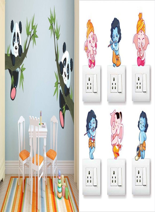 Walltech Combo Pack of Wall Stickers Panda Hanging on a Branch (Covering Area 150 x 70 cms) with Ganesh and Friends (Set of -5) Switch Board Sticker - Image 1