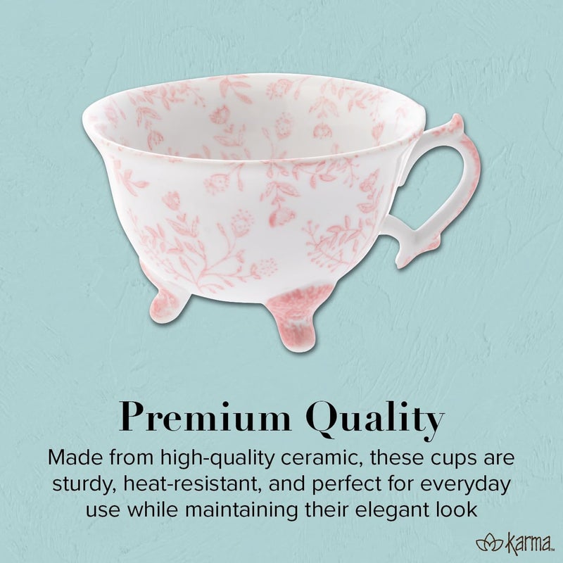 Karma كوب شاي سيراميك مزخرف يدويًا سعة 8 أونصات مزهريات للشاي والقهوة أكواب قهوة سيراميك للنساء والرجال باللون الوردي - Image 4