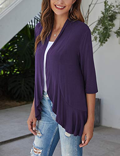 Bluetime Women Open Front Drape Lightweight Cardigan Sweaters Flowy 3/4 Sleeve Cardigan Dusters (S-3XL) (XL, Purple) - Image 3