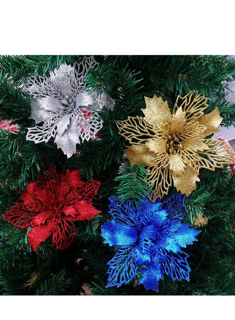 Excefore Glitter Poinsettia Flowers Artificial, 10 Pcs Red Decorations Tree Ornaments for Holiday/Seasonal/Wedding Party Wreath DIY Decors - Image 4