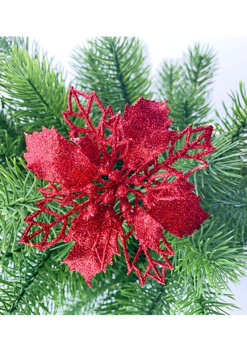Excefore Glitter Poinsettia Flowers Artificial, 10 Pcs Red Decorations Tree Ornaments for Holiday/Seasonal/Wedding Party Wreath DIY Decors - Image 3