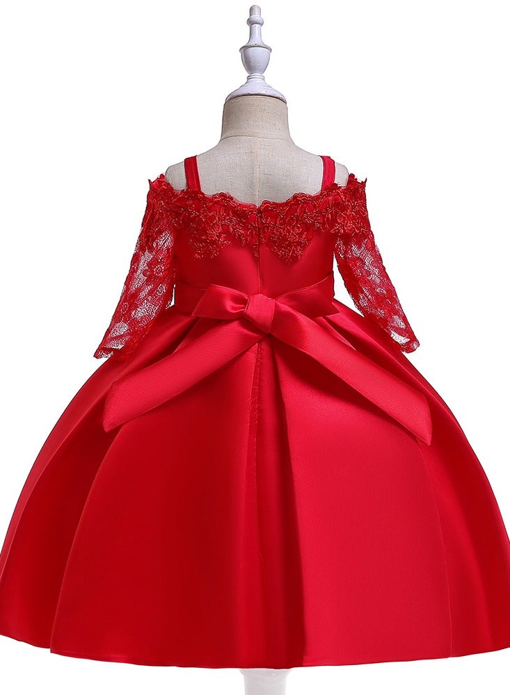 Best Gift Fashion Kids Clothing Satin Elegant Lace Dresses Red Color - Image 3