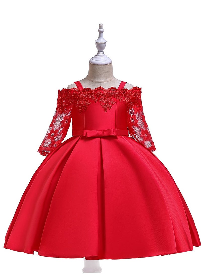 Best Gift Fashion Kids Clothing Satin Elegant Lace Dresses Red Color - Image 1