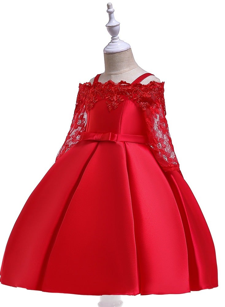 Best Gift Fashion Kids Clothing Satin Elegant Lace Dresses Red Color - Image 2