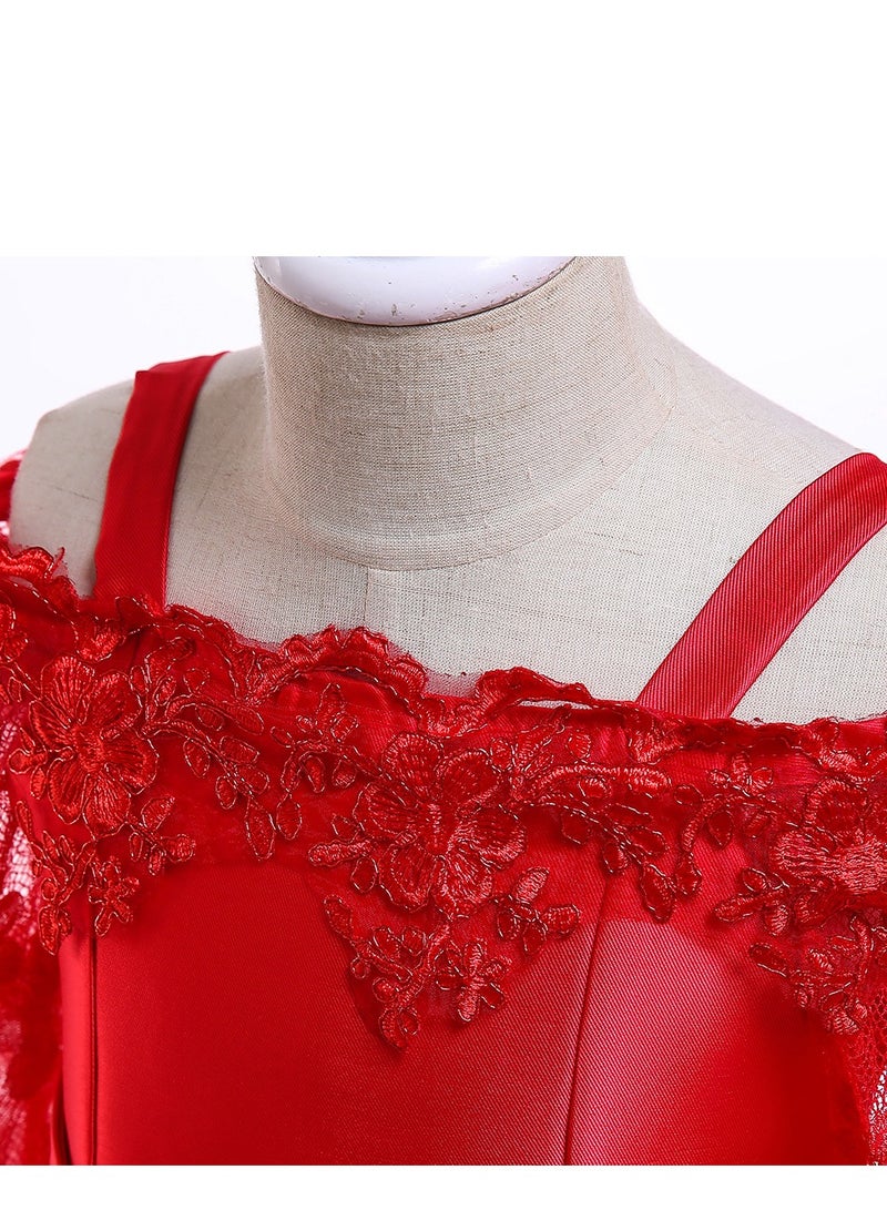 Best Gift Fashion Kids Clothing Satin Elegant Lace Dresses Red Color - Image 4