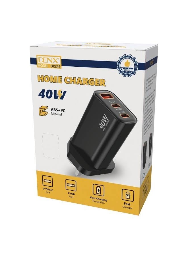 Denx DX244 40W Fast Wall Charger UK 3-Pin, Dual USB-C PD + USB-A QC 3.0 Home Charger, Power Delivery Fast Charging Adapter with Smart Chip & Over-Charging Protection, Compatible with Smartphones, Tablets & More, 1 Year Warranty - Image 2