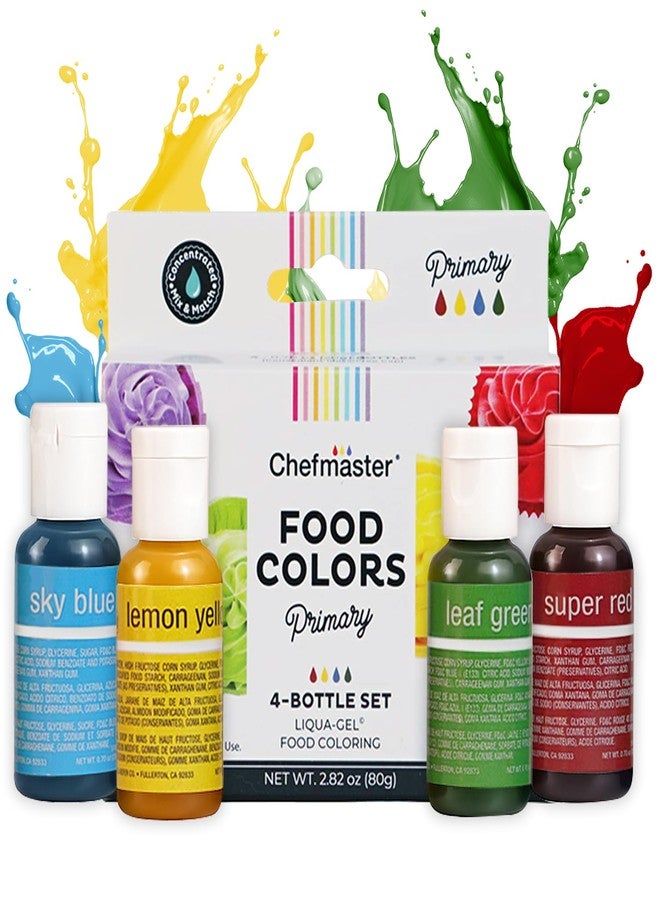 Chefmaster - Primary Colors Liqua-Gel Food Coloring Kit - Water-Based Food Coloring Gel - 4 Pack - Highly Pigmented, Create Vividly Colored Desserts, Easy-To-Blend Formula - Made in the USA - Image 1