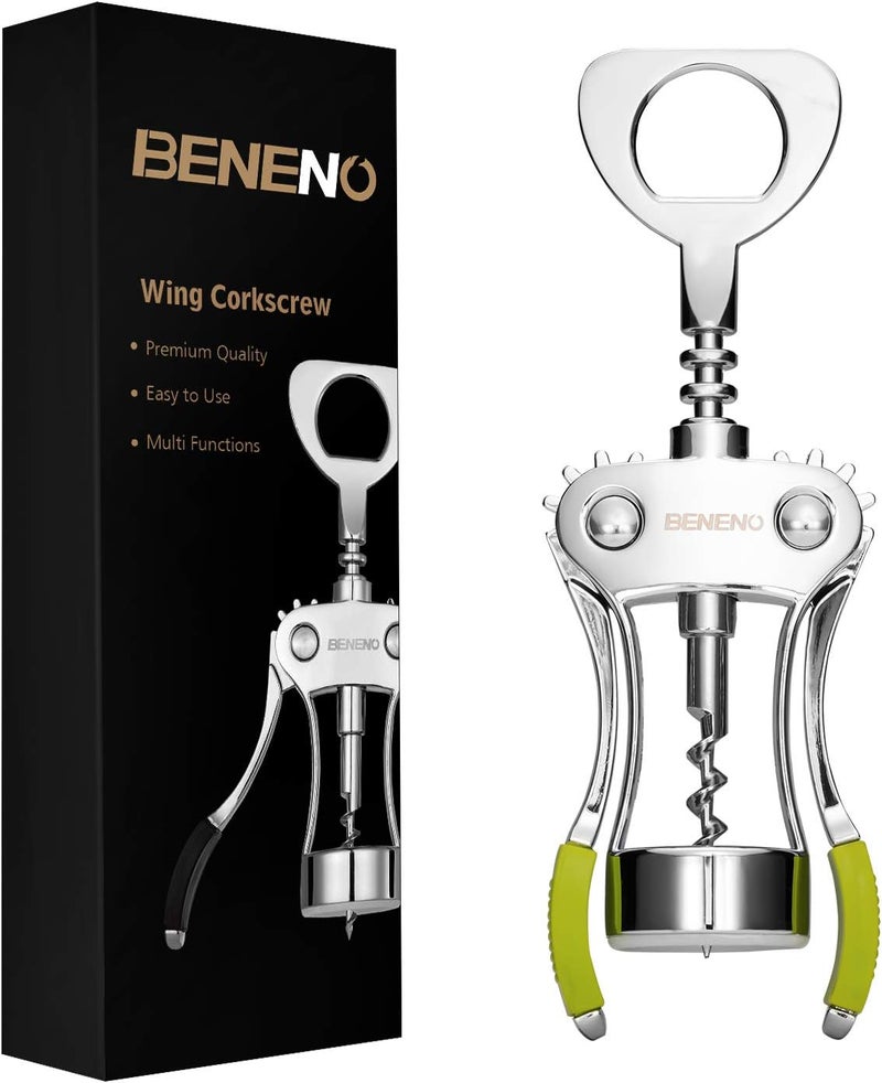 Beneno فتاحة نبيذ بينينو، فتاحة أجنحة فاخرة من سبائك الزنك مع فتاحة ��جاجات متعددة الوظائف، فتاحة نبيذ حادة مع مقبض أجنحة مريح غير قابل للانزلاق، نسخة مطورة خضراء - Image 1